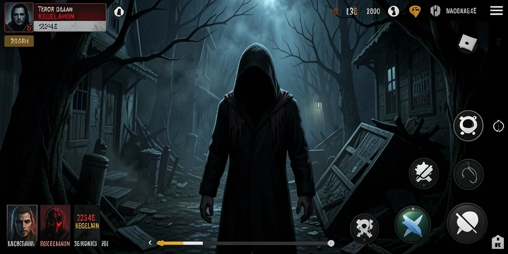 Screenshot gameplay yang menegangkan dalam kegelapan.
