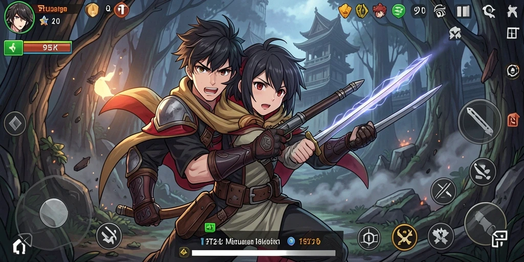 Screenshot gameplay 9ET menampilkan karakter anime dalam pertempuran epik.