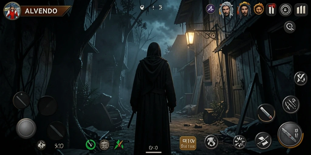Screenshot gameplay <strong>ALVENDO</strong> menampilkan suasana horor yang mencekam.