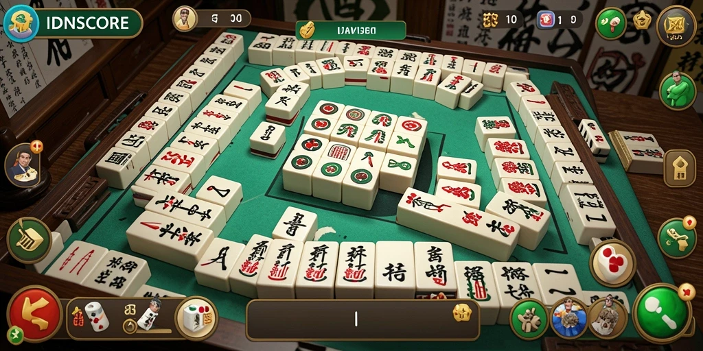 Screenshot menampilkan gameplay seru di IDNSCORE dengan ubin Mahjong yang berwarna-warni.