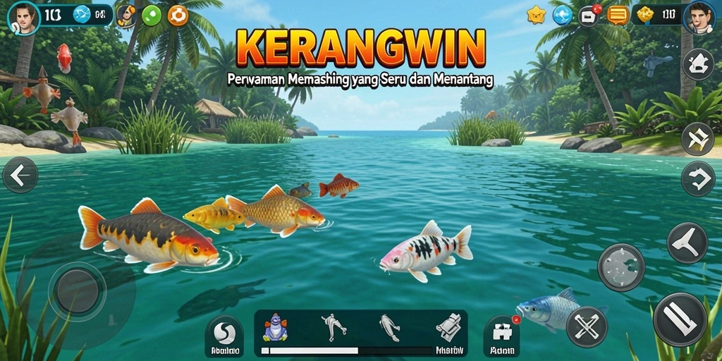 Screenshot gameplay KERANGWIN menampilkan suasana memancing yang seru dan penuh tantangan.