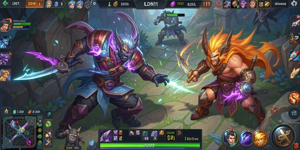 Tangkapan layar gameplay LDN11 dengan aksi MOBA yang intens.