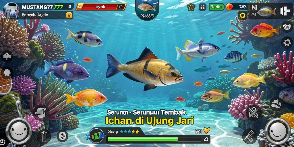 Tangkapan layar gameplay MUSTANG77 dengan aksi menembak ikan yang seru.