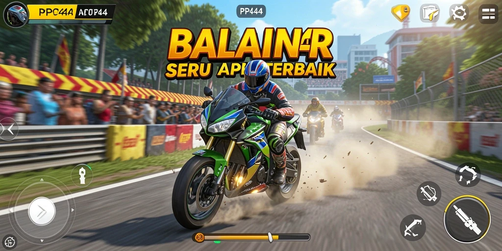 Screenshot utama PP444 menampilkan balapan motor yang mendebarkan di trek yang menantang.