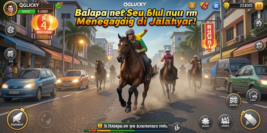 Gameplay QGLUCKY menampilkan aksi balapan yang seru di jalanan yang dinamis.