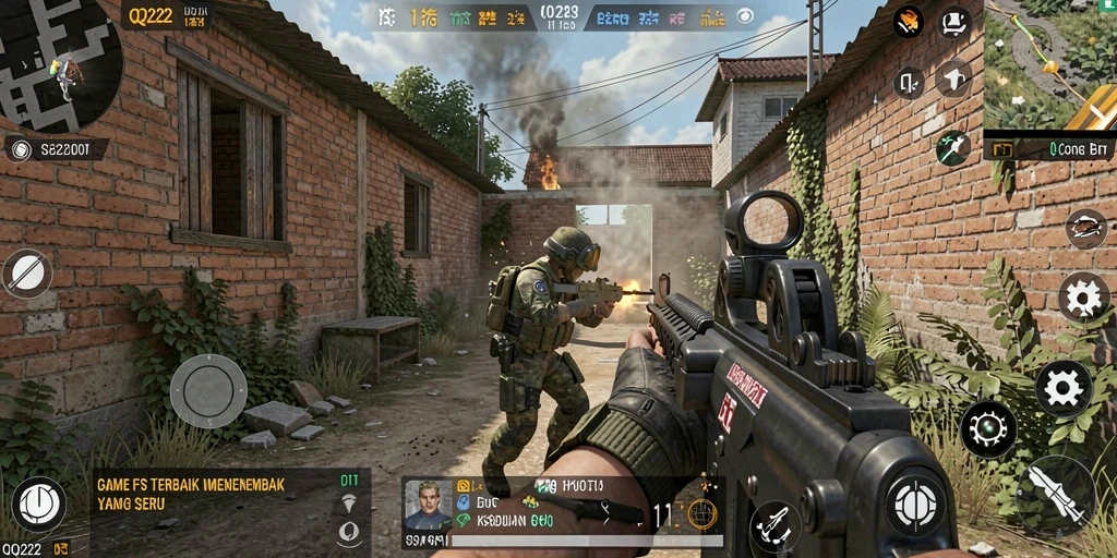 Screenshot QQ222 menampilkan aksi intens dalam gameplay FPS.