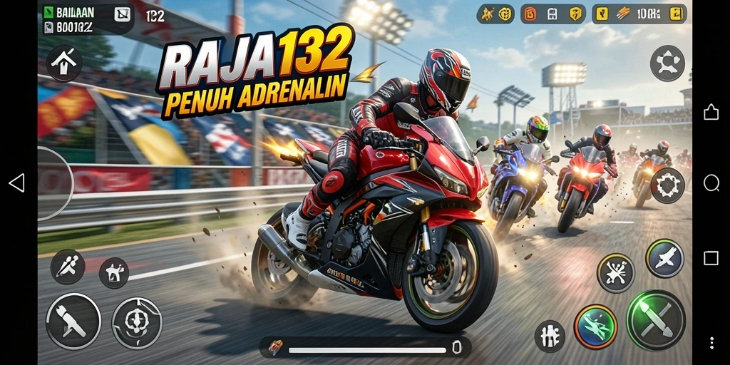 Tampilan gameplay mendebarkan di RAJA132 dengan berbagai motor yang siap balapan.
