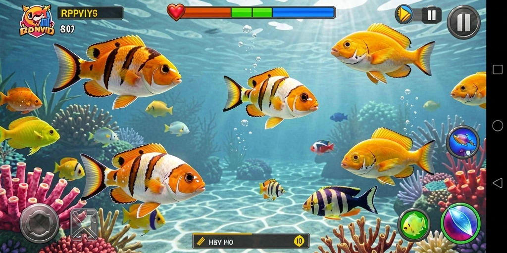 Screenshot gameplay RPYYY yang menampilkan aksi menangkap ikan.