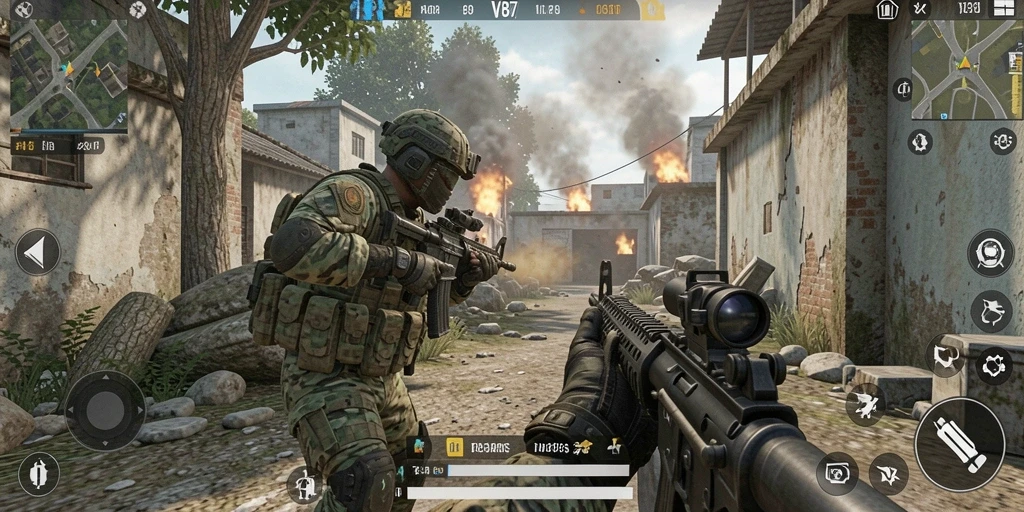 Tampilan gameplay V87 yang mendebarkan dalam pertempuran FPS.