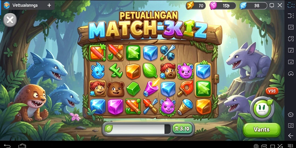 Screenshot V98 menampilkan gameplay Match-3 yang seru dan penuh warna.