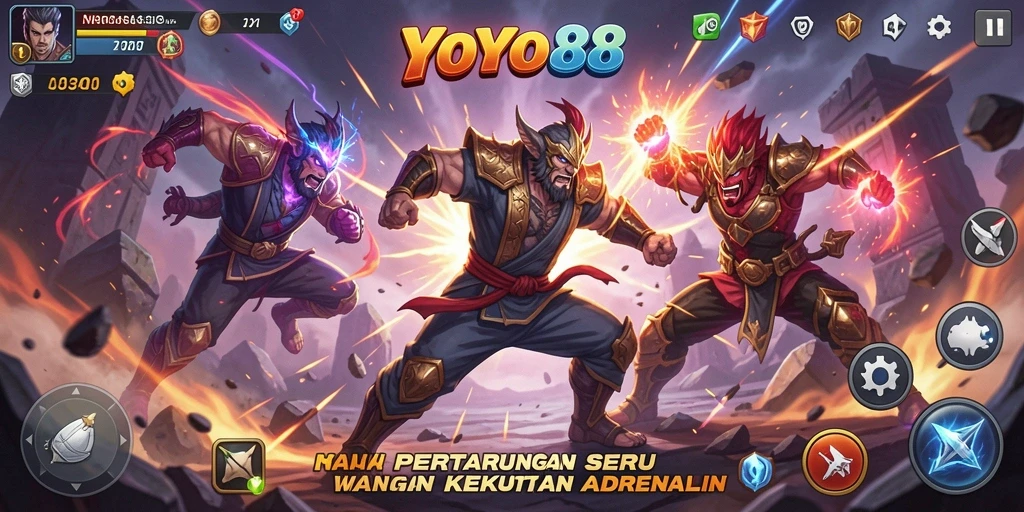 Screenshot menampilkan karakter bertarung dengan aksi dinamis dan latar belakang yang menarik.